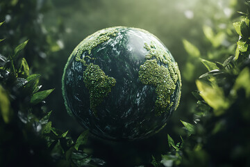 An abstract representation of a green planet, symbolizing environmental sustainability and ecological balance