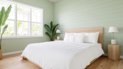 Coastal bedroom with soft seafoam green walls, light wood floors, and white linens, photorealistic, soothing beach retreat