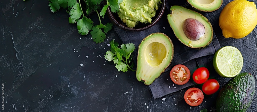 Poster fresh ingredients for guacamole arranged on a black surface in a flat lay style, providing space for