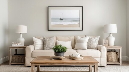 Fototapeta premium Coastal-style living room with neutral tones, driftwood coffee table, and nautical artwork, photorealistic, timeless beach charm