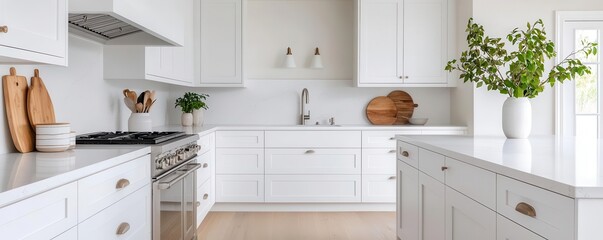 Open-plan coastal kitchen with white cabinets, marble countertops, and driftwood decor, bright and airy, photorealistic, seaside elegance
