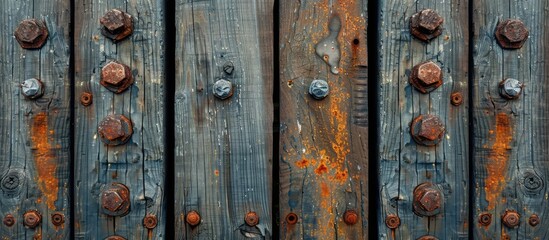Metal and wood structures with rusted screws against a blank background for a copy space image.