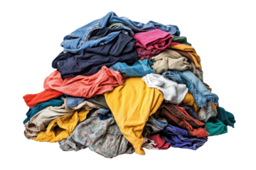 A large pile of various colorful clothing items stacked together, representing laundry day, second-hand clothing, or textile recycling.