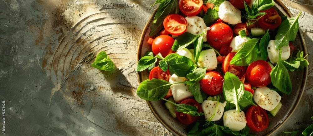 Poster top view of a refreshing green salad with fresh leaves, tomatoes, and mozzarella displayed on a sunn