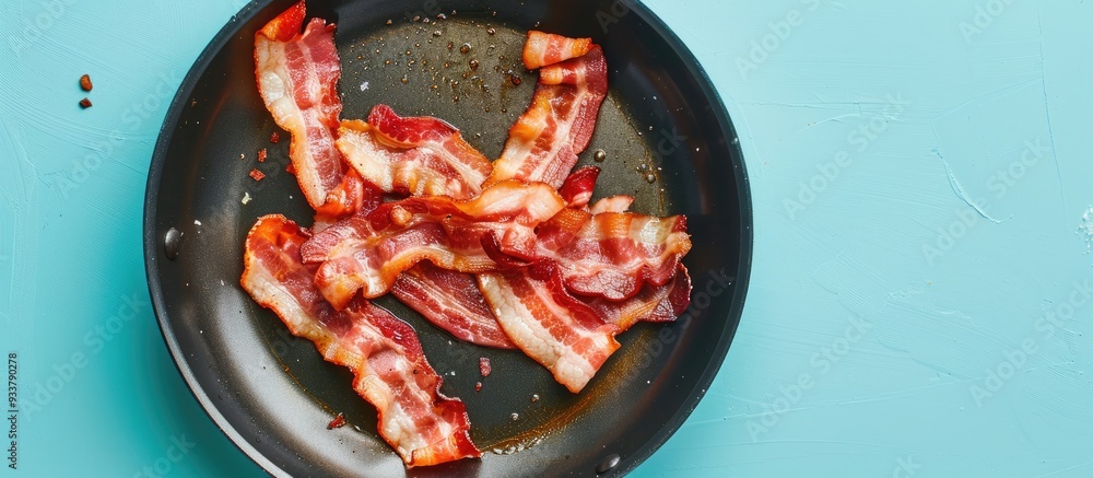 Poster top-down view of tasty bacon slices cooking in a pan on a light blue table, with ample copy space im