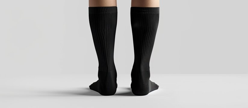 Mock-up for advertising, branding, or design featuring black cotton high socks on an invisible mannequin foot. Shows back and side views, suitable as a sportswear template on a white background with