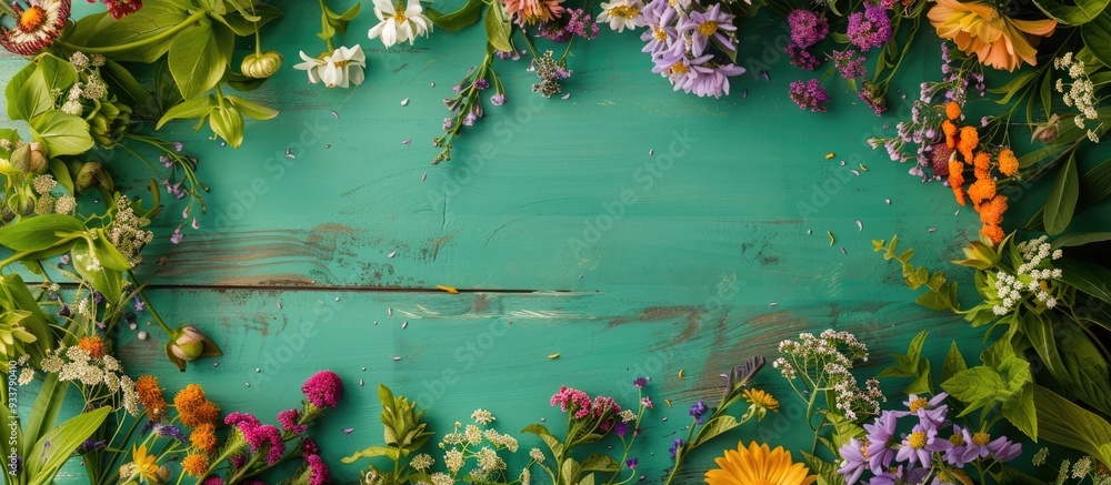 Poster top view of a festive flower composition on a green board creates a spring background with a decorat
