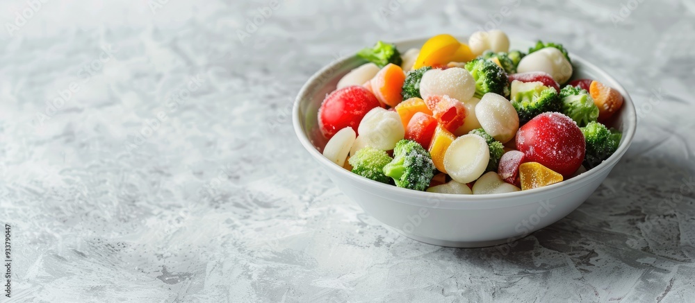 Poster frozen vegetables in a bowl displayed on a light background with copy space image.