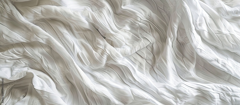 Poster top view of an unmade white bedsheet with a wrinkled texture, creating a rippled surface background,