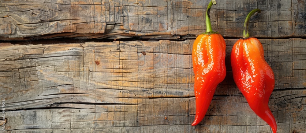 Poster top-down view of two ghost peppers on a weathered wooden surface with copy space image available.