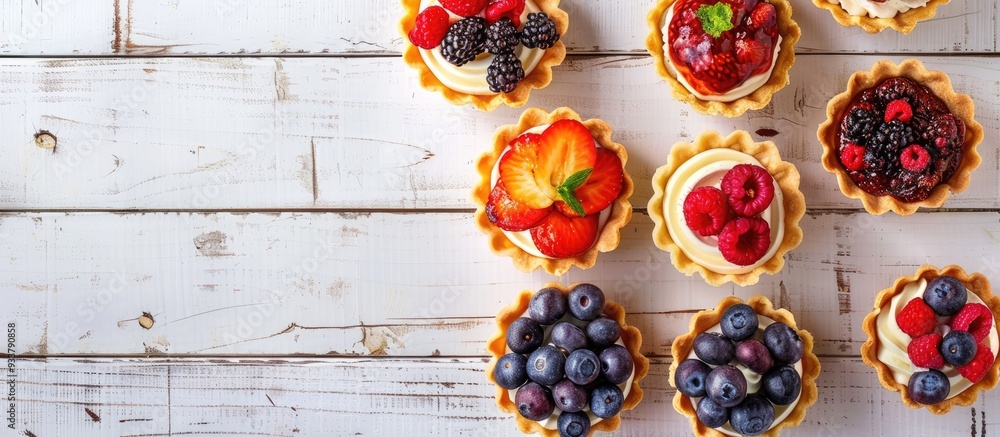 Aufkleber various tasty tartlets displayed on a white wooden surface from a top angle with a backdrop for addi