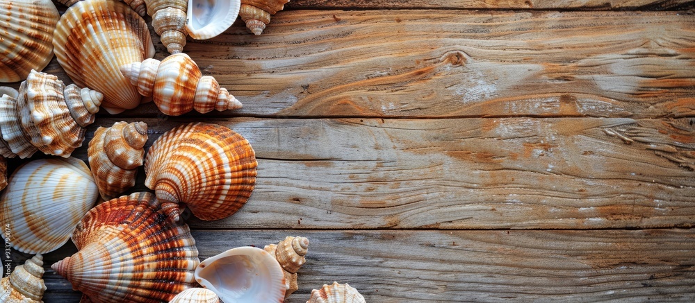 Poster seashells arranged attractively on a wooden backdrop with ample copy space image available.