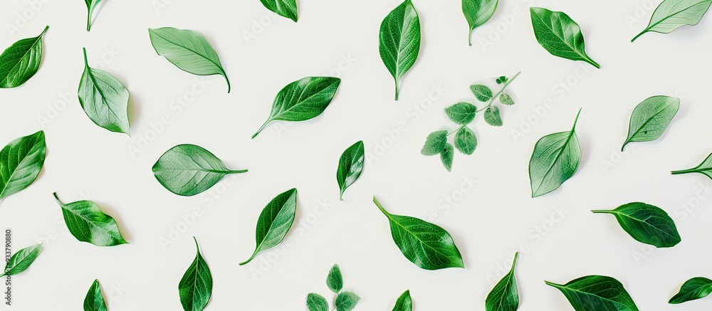 Poster green leaves pattern on white backdrop with varying sizes creating a flat lay composition in an over