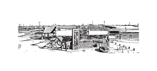 Obraz premium Building view with landmark of Steinbach is the third largest city in Canada. Hand drawn sketch illustration in vector. 