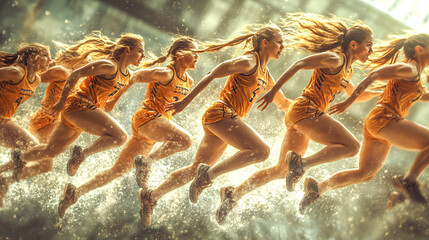 Fototapeta premium Female track and field athlete is running and her movement is captured in a sequence of photos creating a motion blur effect