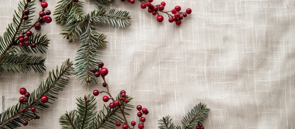 Aufkleber top-down horizontal photo of a christmas-themed linen background, offering a clear view for text or 