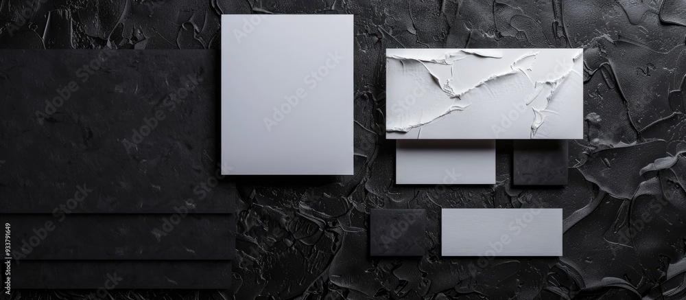Poster mockup for branding identity featuring blank stationery set on a black plaster background creating a