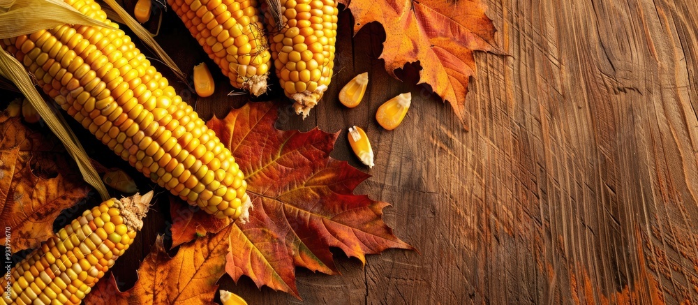Poster top view of a fall-themed composition with mature ears of corn providing a backdrop; space included 