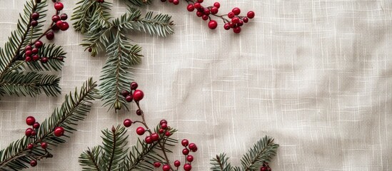 Top-down horizontal photo of a Christmas-themed linen background, offering a clear view for text or design elements with a spacious copy space image.
