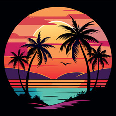 Summer Vector graphic for t-shirt design with beach, sunset, and palm tree