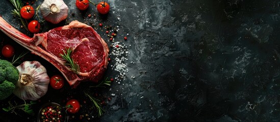 Fototapeta premium Raw beef tomahawk steak with ingredients showcased on a raw food background, providing a stunning copy space image.