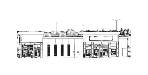 Obraz premium Building view with landmark of Steinbach is the third largest city in Canada. Hand drawn sketch illustration in vector. 