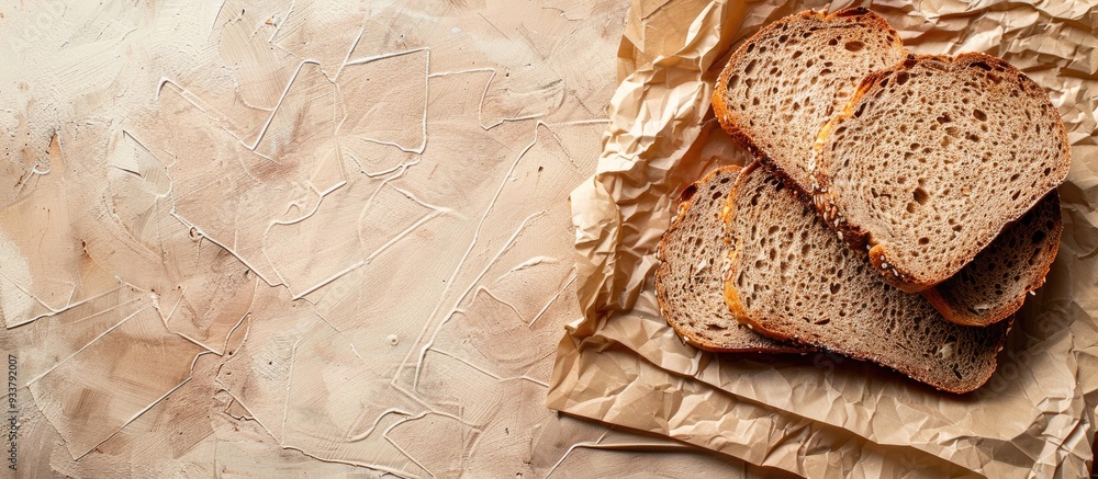 Poster top view of rye bread slices on crumpled paper against two-tone backdrop, with copy space image incl