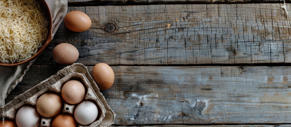 Poster top view of a rustic wood background featuring a pot with raw vermicelli and a carton of fresh chick