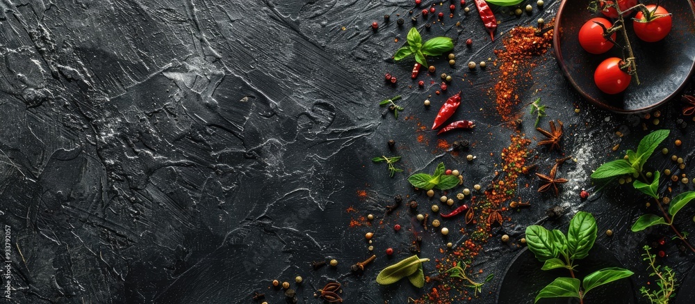 Poster top view display of spices and herbs on a black stone background with copy space image.