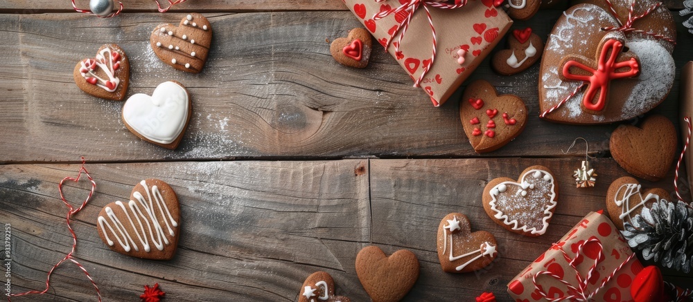Aufkleber heart-shaped cookies and gift boxes displayed on a wooden surface with ample copy space for various 