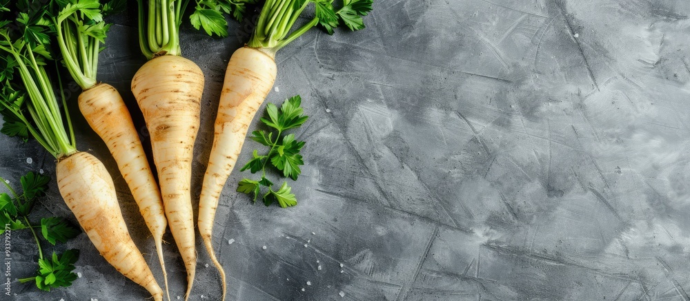 Poster top-down view of a fresh, ripe parsnip displayed on a gray table with ample space for adding text or