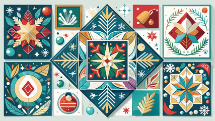 Merry Christmas greeting cards. Trendy square Winter Holidays art templates. border design is pattern Thai art style.