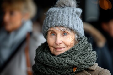 A portrait of an elderly woman with vibrant blue eyes, wrapped in a cozy gray scarf and matching knit hat, smiling warmly during a cold winter day