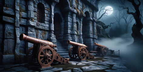 Detailed and realistic 4K wallpaper on a military theme featuring old cannons, and old buildings against a backdrop of smoky forest fog with an eerie atmosphere at night