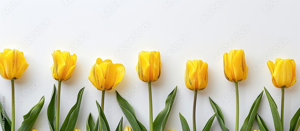 Poster yellow tulips set against a white background with ample copy space image.