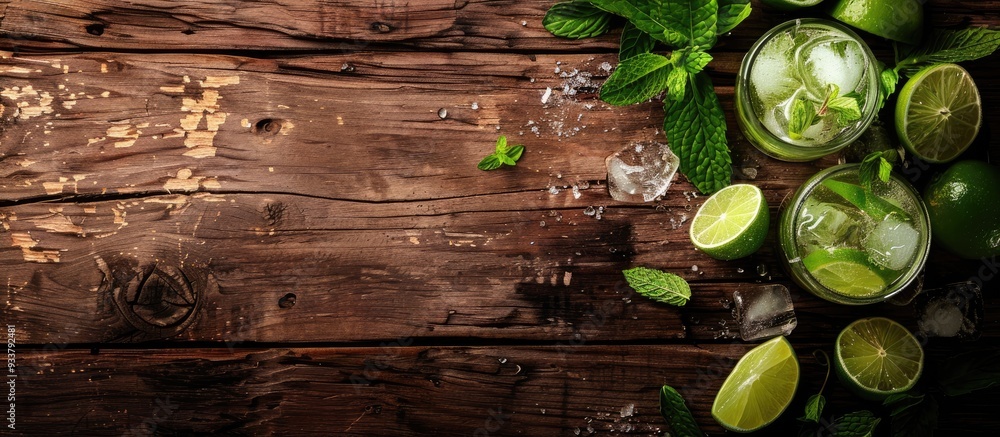 Aufkleber mojito displayed on a rustic wooden surface with copy space image.