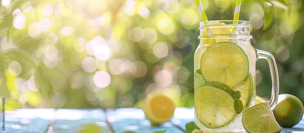 Poster table decorated with a mason jar of freshly made lime lemonade, with a backdrop that hints at a copy