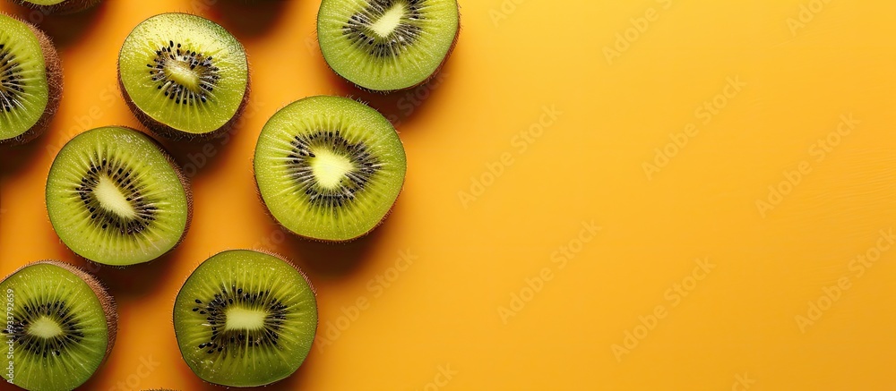 Poster yellow copy space image featuring a unique diagonal pattern of kiwi fruit (actinidia deliciosa).