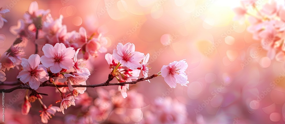 Aufkleber selective focus on a branch of blossoming sakura tree with a blurred background; ideal for text with