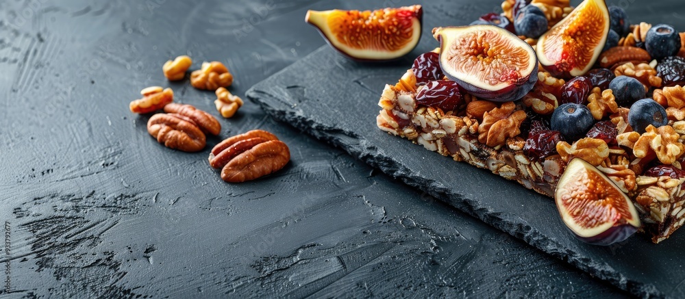 Poster raw fruit bar with dried fig, walnut, and date fruit, with a background suitable for adding text or 