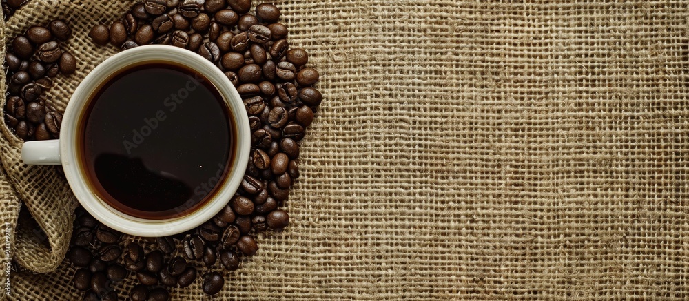 Poster image of a hot coffee cup with beans on a textured burlap sack, providing empty space for additional