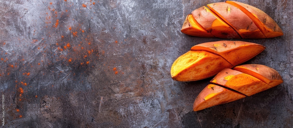 Poster sweet potatoes displayed on a backdrop with empty space for writing or graphics, known as a copy spa