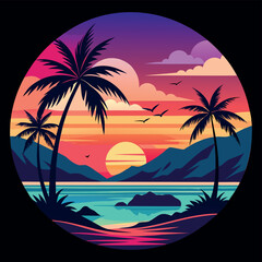 Summer Vector graphic for t-shirt design with beach, sunset, and palm tree