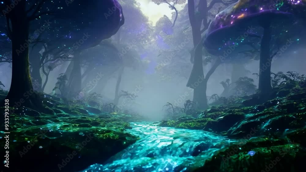 Poster river is flowing through a magical forest filled with glowing mushrooms and trees. the sun is settin