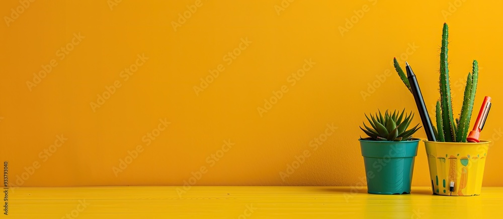 Poster pen and cactus adorn table with a spacious copy space image.