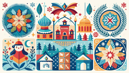 Fototapeta premium Merry Christmas greeting cards. Trendy square Winter Holidays art templates. border design is pattern Thai art style.