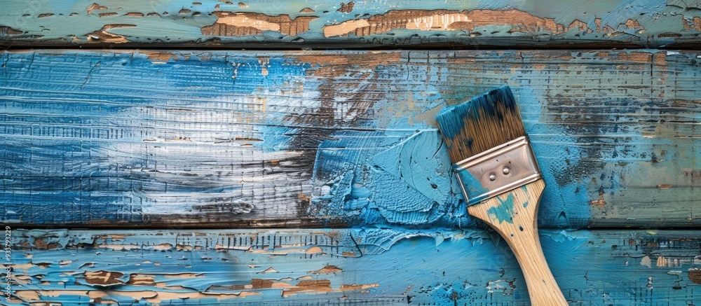Poster using a paintbrush, create a blue design on a wooden board with copy space image.