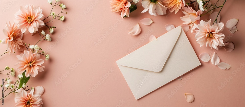 Aufkleber top view mockup of a greeting card with an envelope, flowers, and space for text or images. image wi