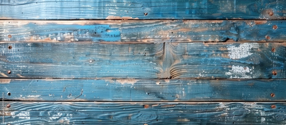 Poster weathered blue-painted wooden board with aged texture provides a rustic background with an empty cop