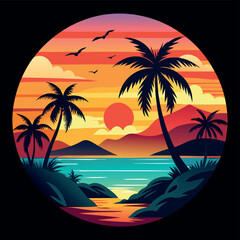Fototapeta premium Summer Vector graphic for t-shirt design with beach, sunset, and palm tree